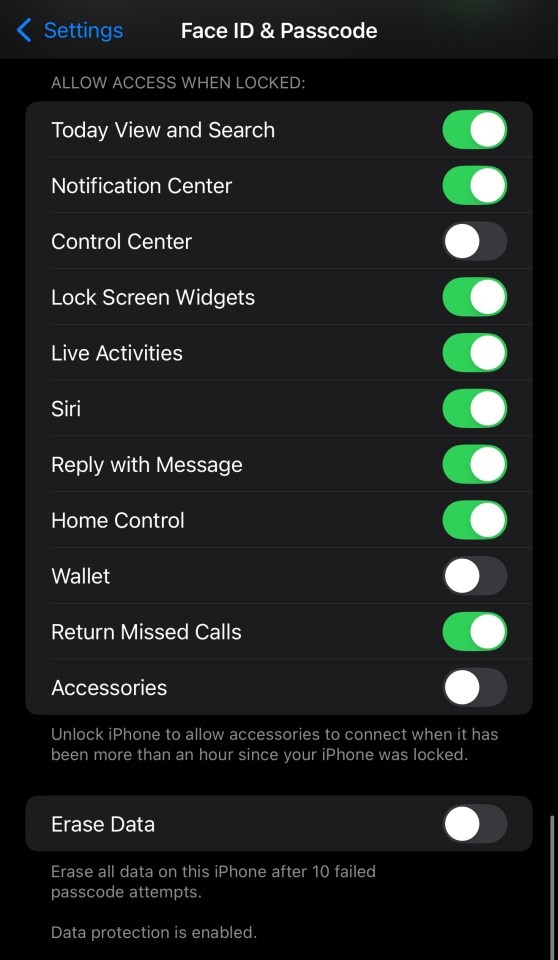 iPhone Face ID & Passcode settings showing toggles for access when locked.