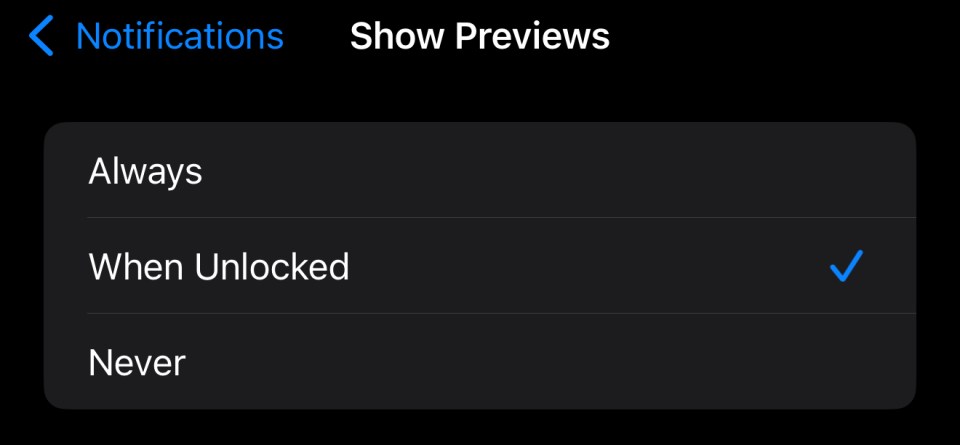 iPhone notification preview settings with "When Unlocked" selected.