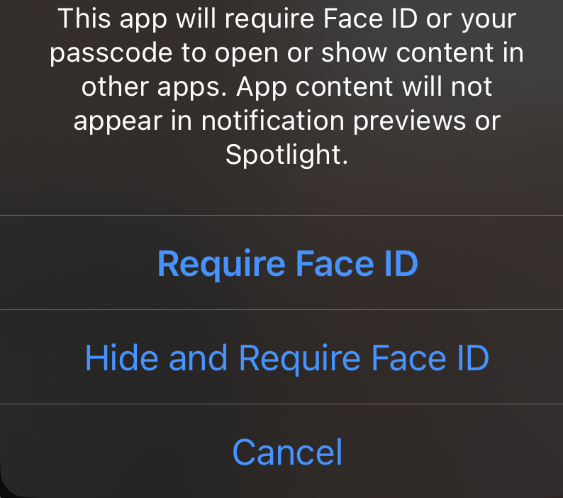 iPhone screen showing options to require Face ID or hide and require Face ID for app content.