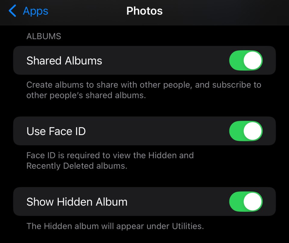 iPhone Photos settings: Shared Albums, Use Face ID, and Show Hidden Album toggles.