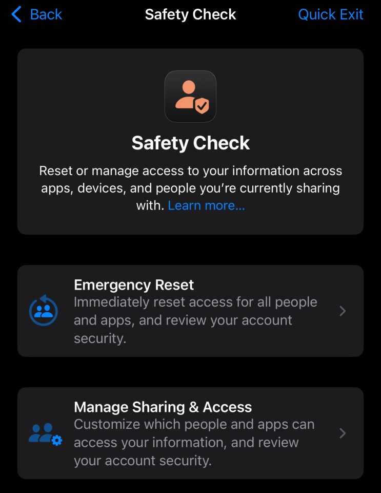 iPhone Safety Check screen showing options to reset or manage access to information.