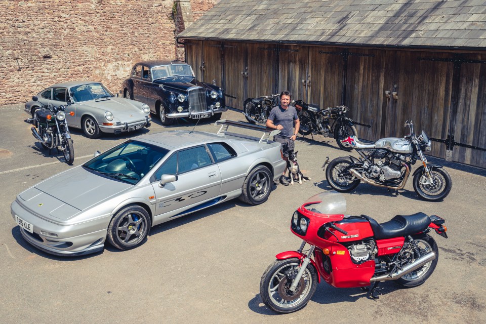 Richard Hammond with a collection of classic cars and motorcycles.