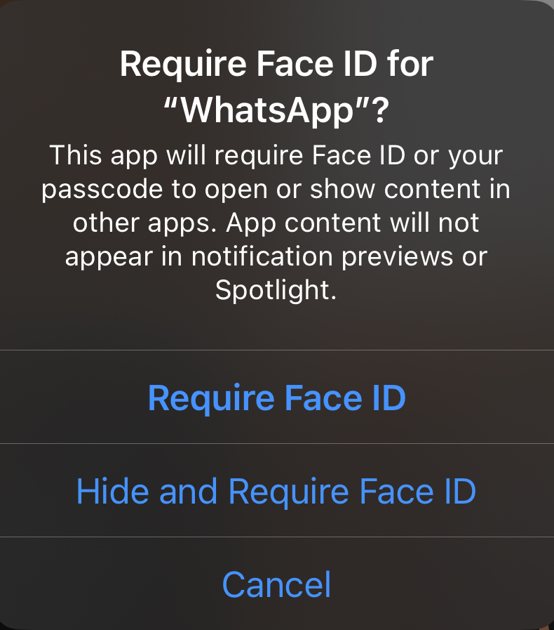 WhatsApp Face ID settings prompt.