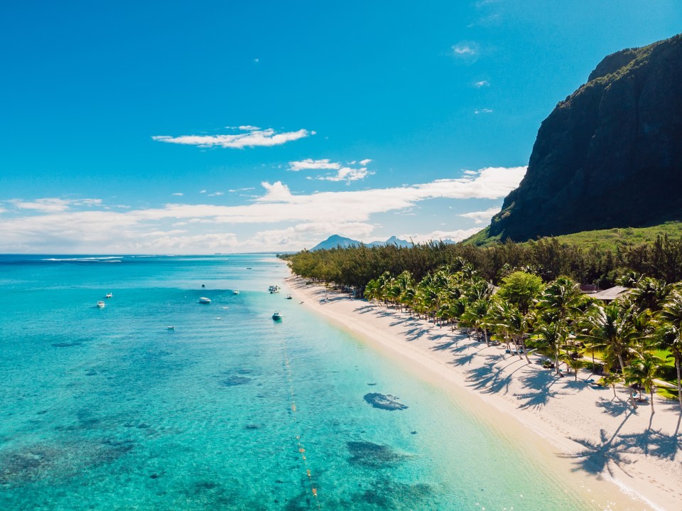 Aerial view of a luxury beach in Mauritius with palm trees, turquoise water, and mountains.
