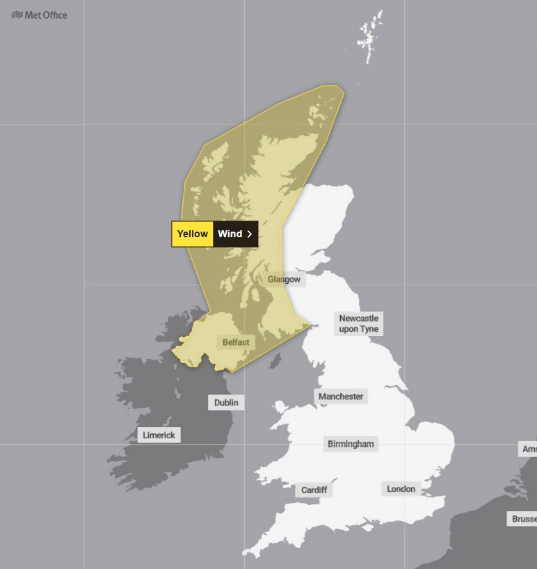 Met Office yellow wind warning for Scotland.