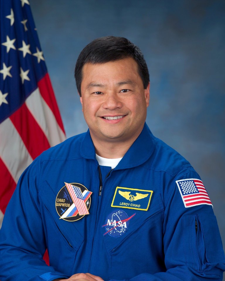 Portrait of Leroy Chiao in a NASA spacesuit.