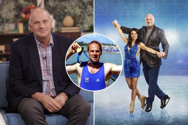 Collage of a man on a talk show, an Olympic rower holding a gold medal, and a man and woman ice skating.
