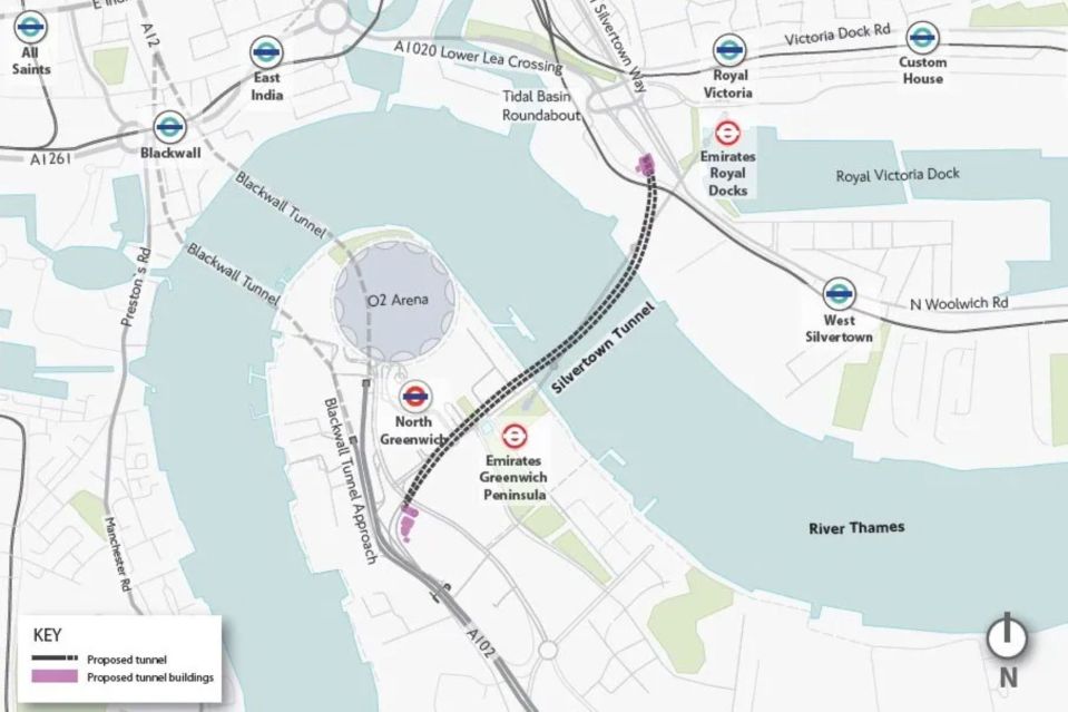 Map of the proposed Silvertown Tunnel in London.