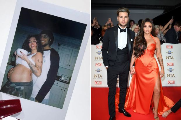 Collage showing a pregnant woman and her partner in a candid photo, and the couple at a formal event.