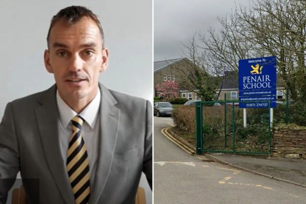 Headshot of a man in a suit and tie next to a photo of Penair School's entrance.