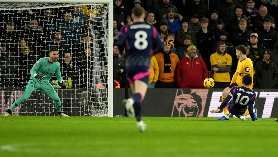Morgan Gibbs-White scoring a goal for Nottingham Forest.