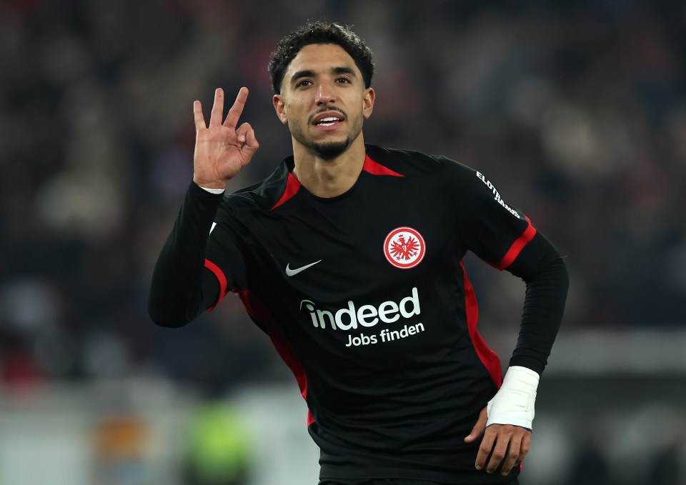 Omar Marmoush of Eintracht Frankfurt celebrates scoring a goal.