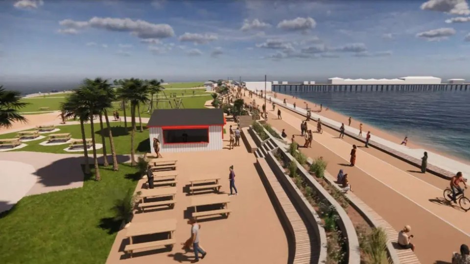 Illustration of Paignton's new seafront, featuring a promenade, kiosk, seating, and playground.