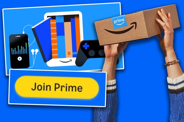 Illustration of Amazon Prime benefits including books, music, games, and free shipping, with a "Join Prime" button.