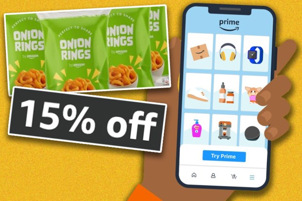 Illustration of Amazon Prime benefits including 15% off onion rings.