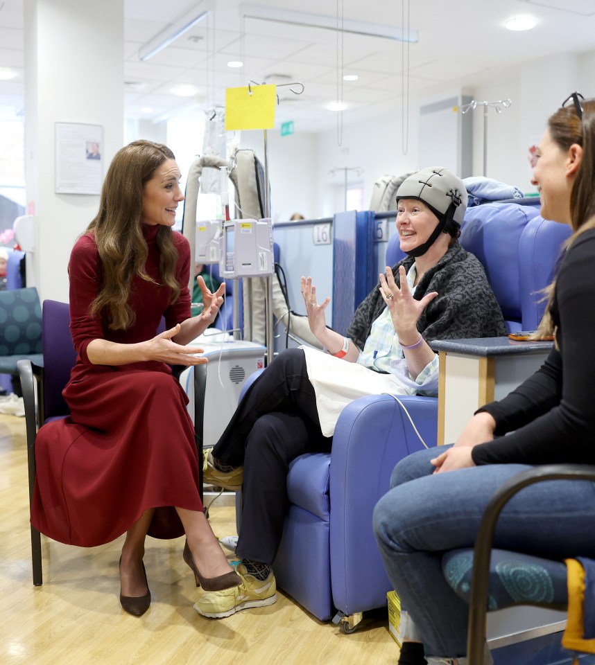 The Princess of Wales speaks with a cancer patient and another person at the Royal Marsden Hospital.