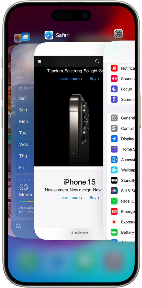 iPhone 15 display showing features and settings.