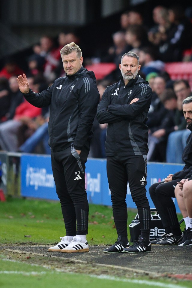 Ryan Giggs and Karl Robinson, Salford City joint owner and manager, on the sidelines.