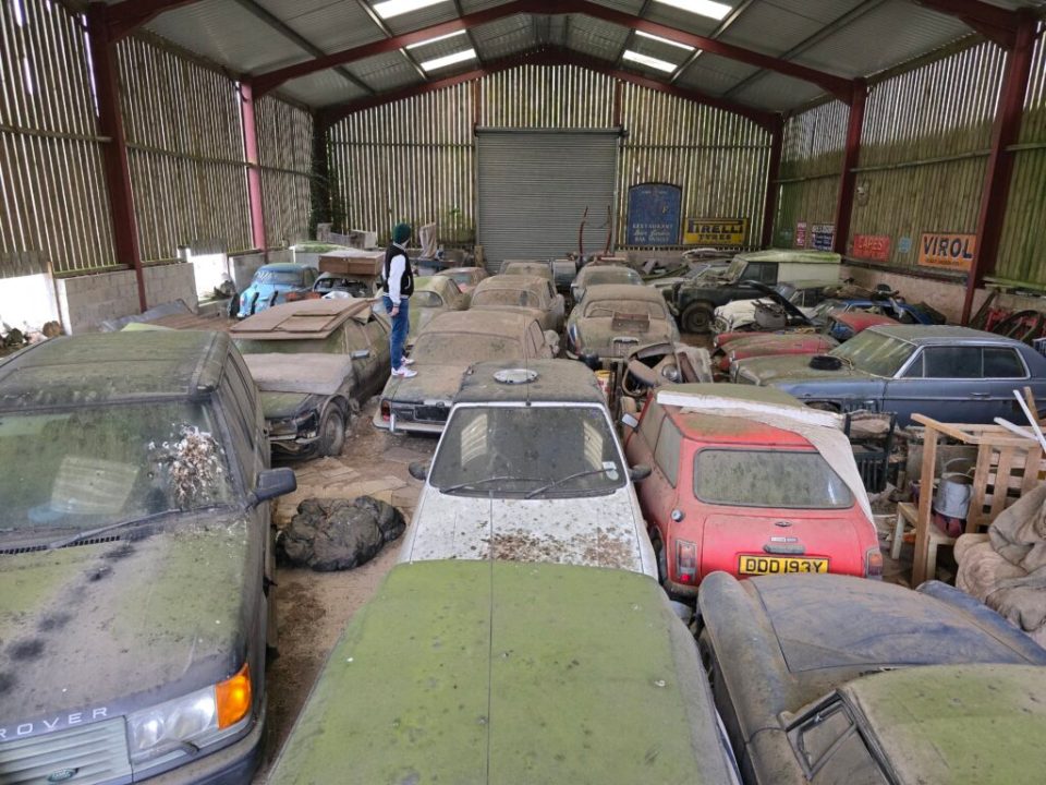 A barn filled with numerous classic cars covered in dust and rust.