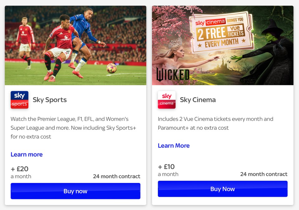 Sky Sports and Sky Cinema packages:  Premier League, F1, EFL, Women's Super League, 2 Vue cinema tickets, and Paramount+.
