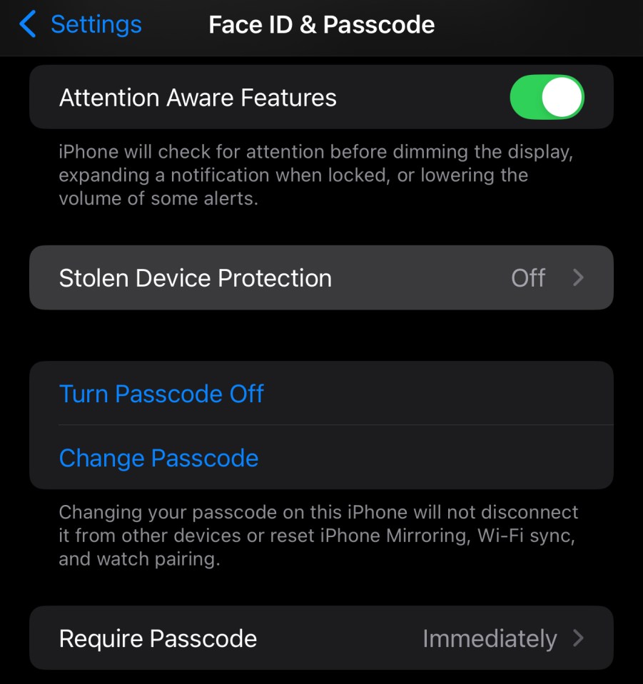 iPhone settings for Face ID, passcode, and stolen device protection.