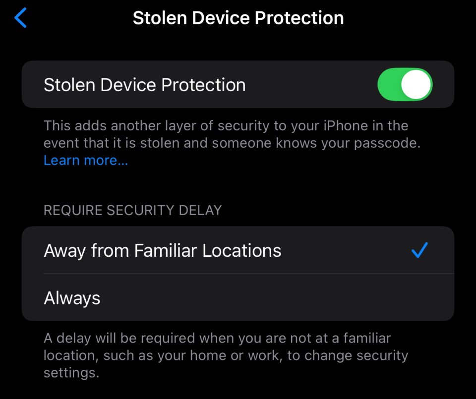iPhone Stolen Device Protection settings.