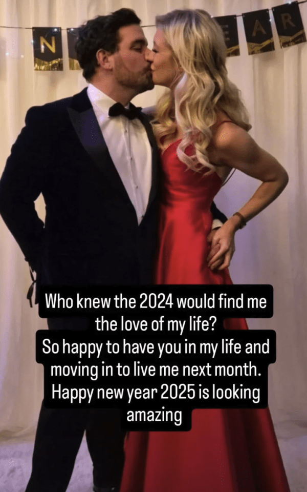 Couple kissing, announcing their engagement and that she's moving in next month.