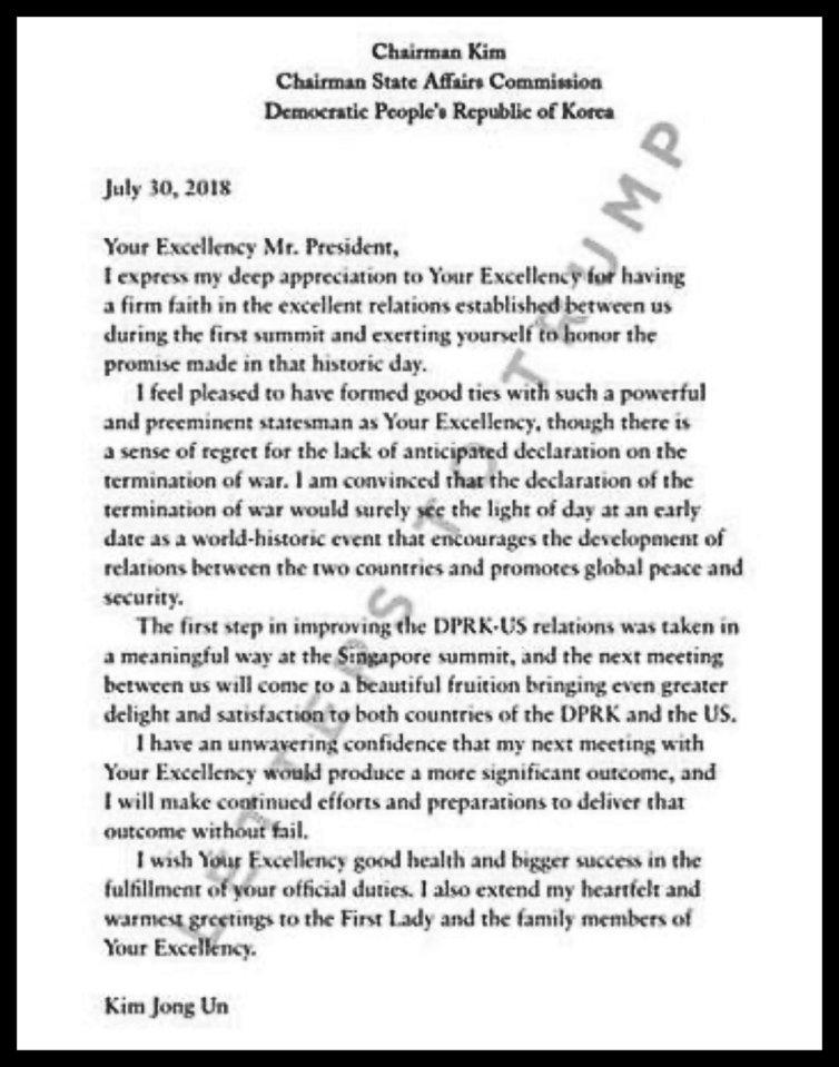 Letter from Kim Jong Un to President Trump.