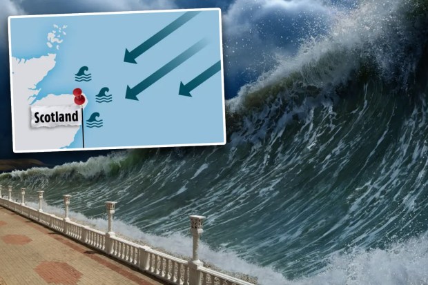 Diagram showing tsunami waves approaching Scotland.