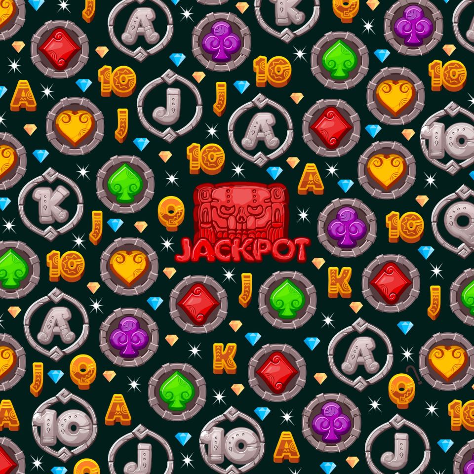 Jackpot!  Casino-style game graphic with playing card suits and numbers.