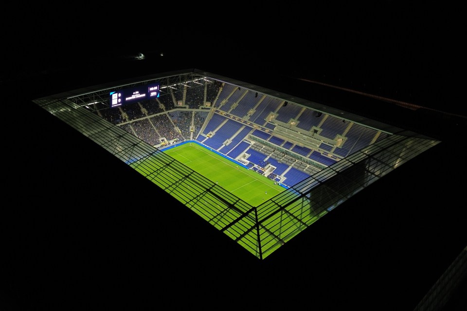 Aerial view of Everton's Bramley Moore Dock stadium at night during a test event.