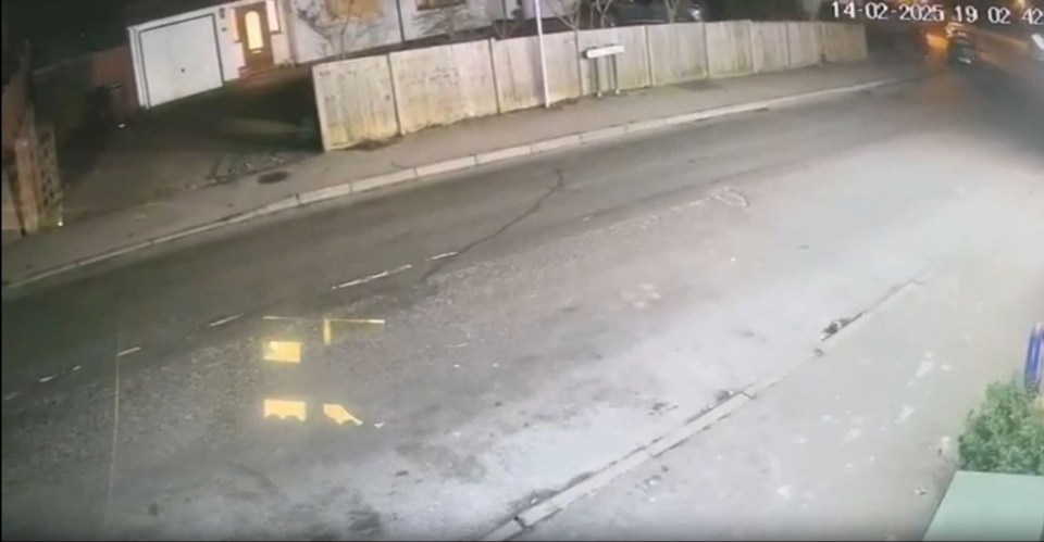 Nighttime security footage of a residential street.