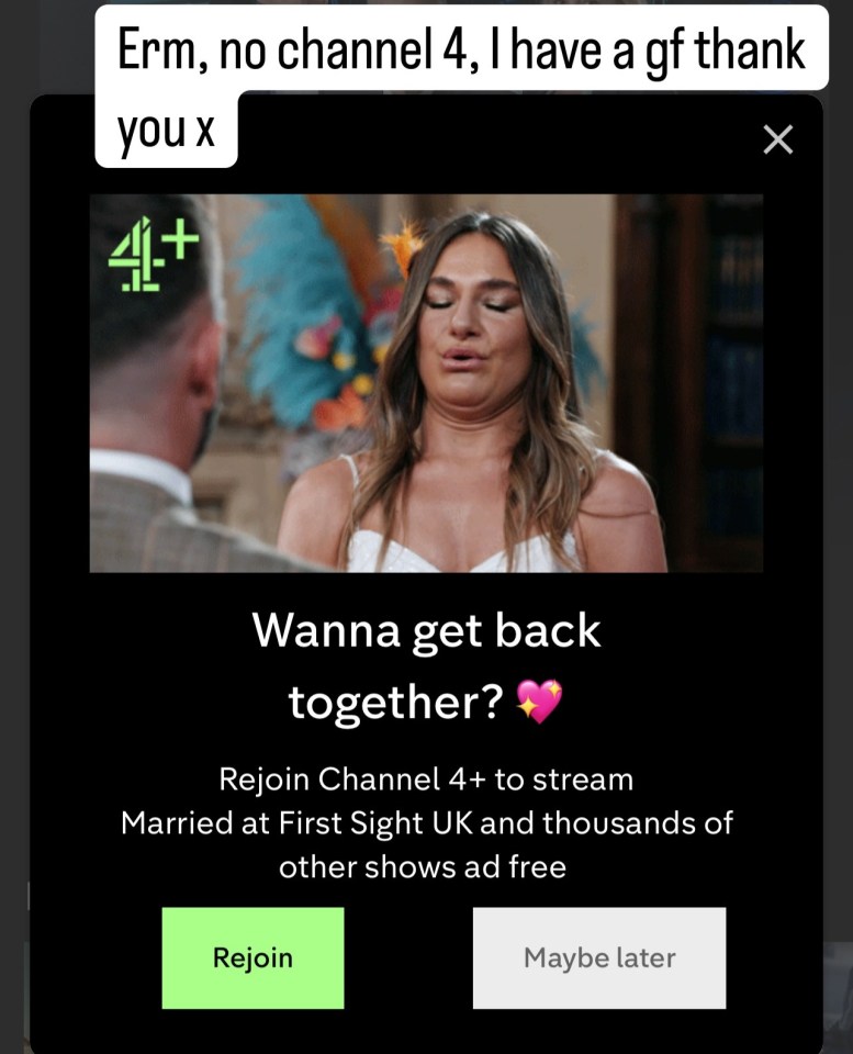 Screenshot of a Channel 4+ pop-up ad promoting *Married at First Sight UK*.