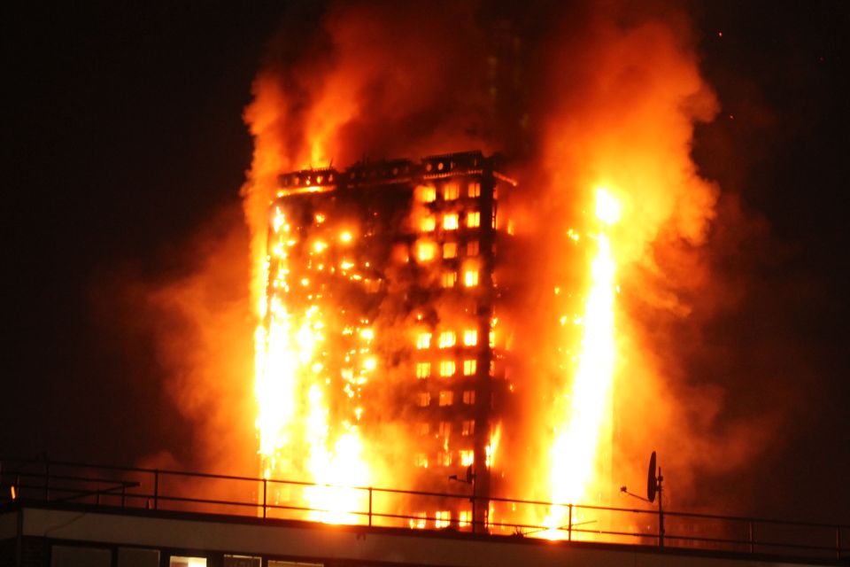 Grenfell Tower engulfed in flames.