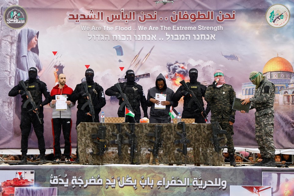 Released hostages at a ceasefire event in Rafah, Gaza.