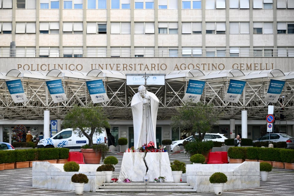 Pope Francis's statue outside Gemelli Hospital in Rome.
