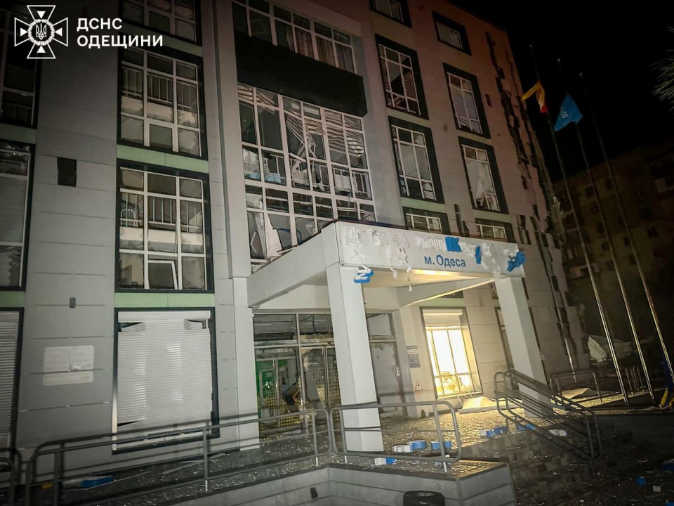 Damage to a building in Odesa, Ukraine, from a Russian drone strike.