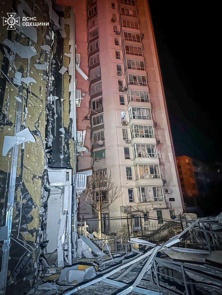 Damage to a residential building from a drone strike in Odesa, Ukraine.