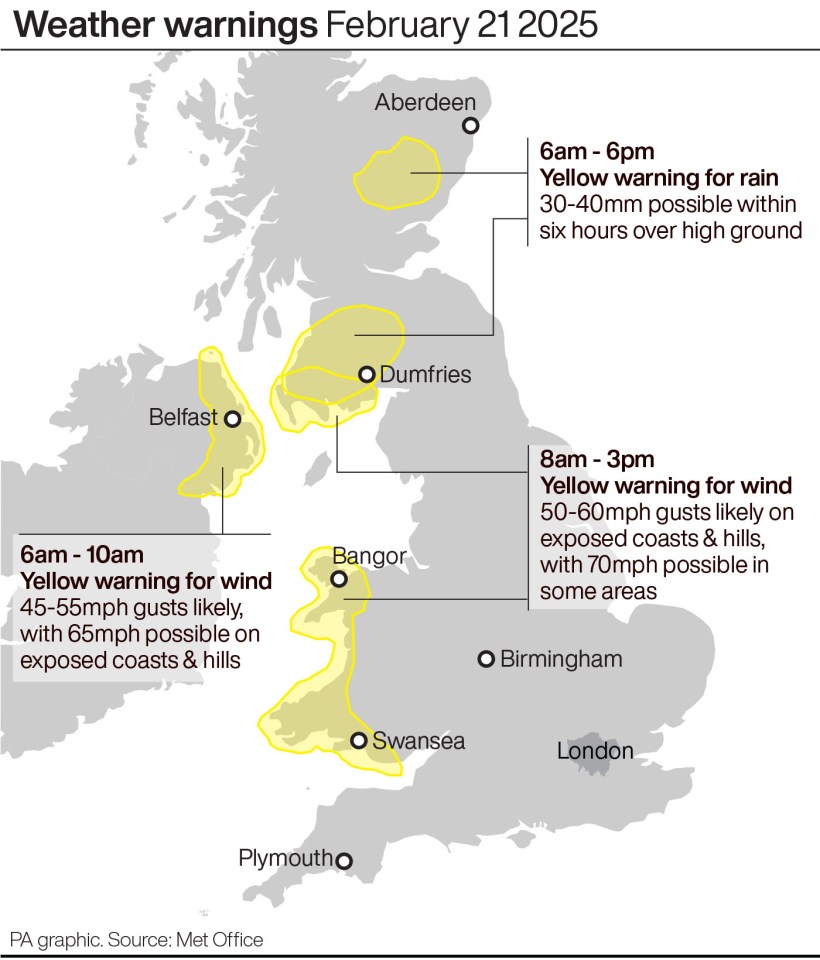 Illustration of UK weather warnings map showing areas affected by wind and rain.