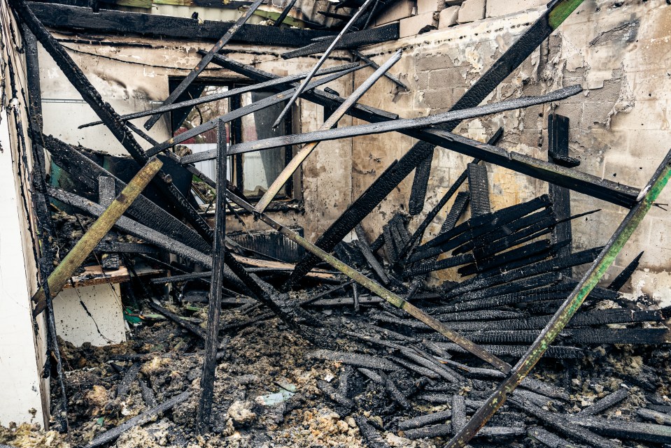 Interior of a fire-damaged house.