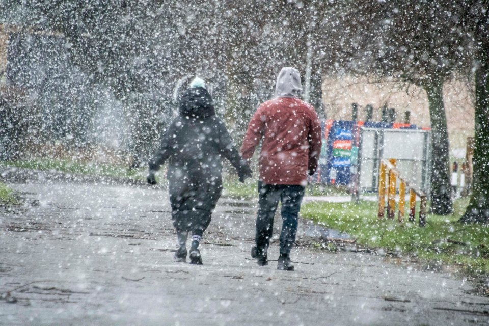 Couple walking hand-in-hand in heavy snow.