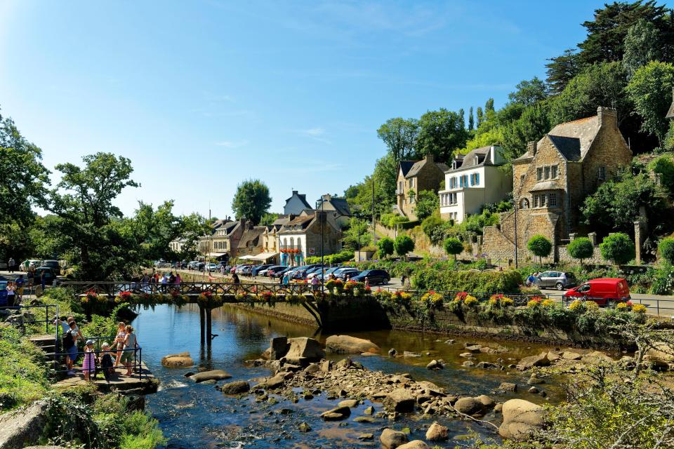 Old mills on the Aven River in Pont Aven, Brittany, France.