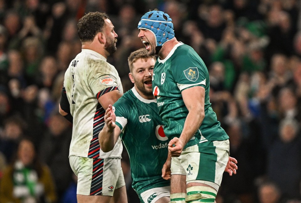 Tadhg Beirne of Ireland celebrating after scoring a try.