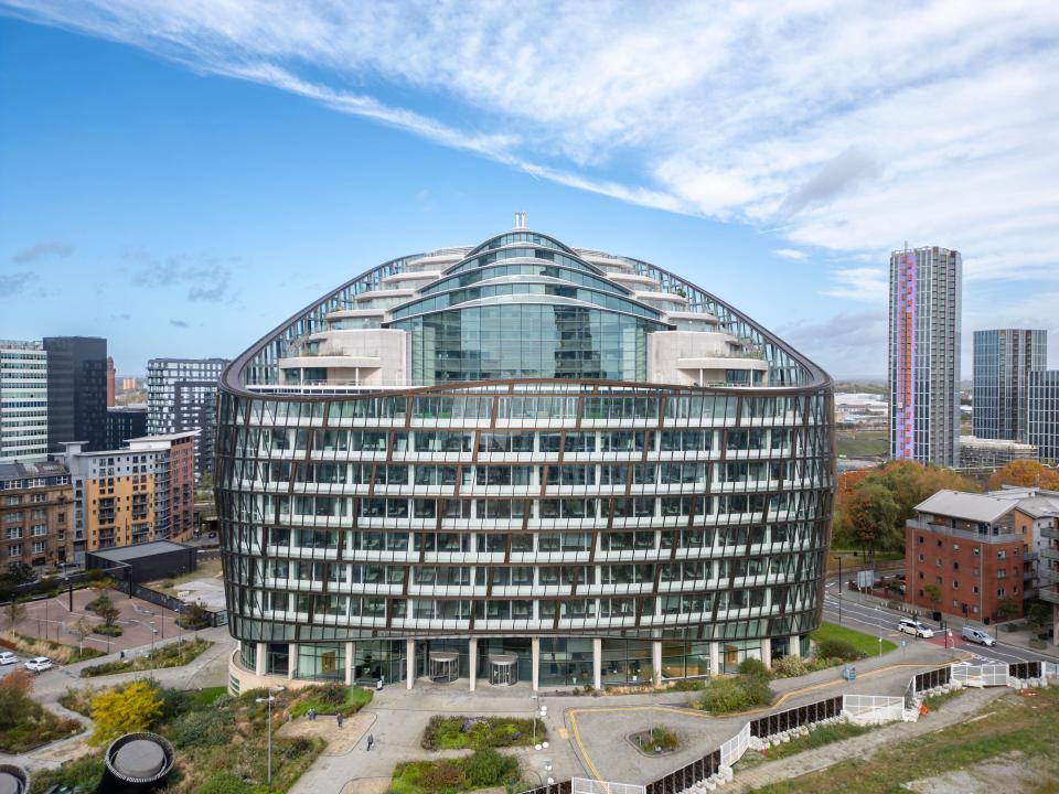Aerial view of No. 1 Angel Square in Manchester, England.