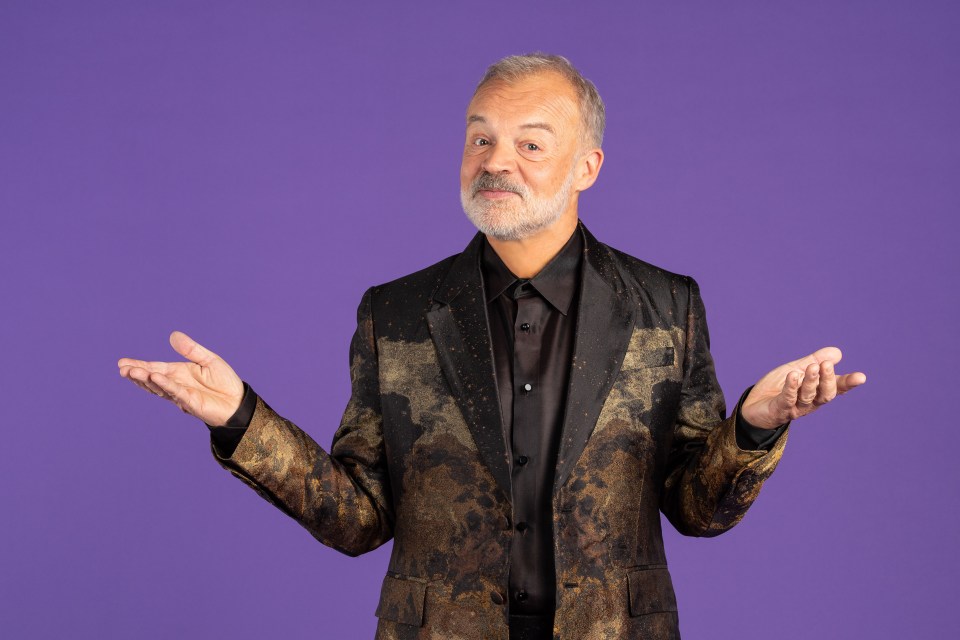 Graham Norton in a patterned jacket, gesturing with open hands.