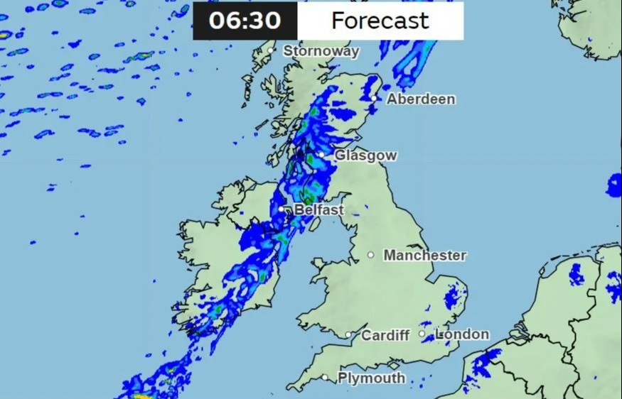 Weather forecast map of the British Isles.