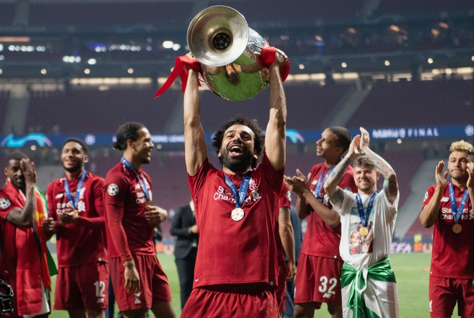 Mohamed Salah of Liverpool lifts the Champions League trophy.