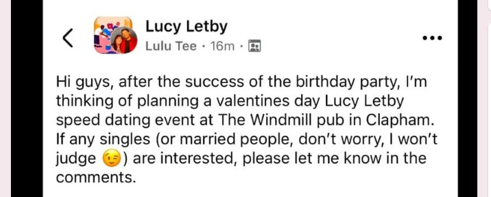 Screenshot of a Facebook post announcing a Lucy Letby-themed speed dating event.