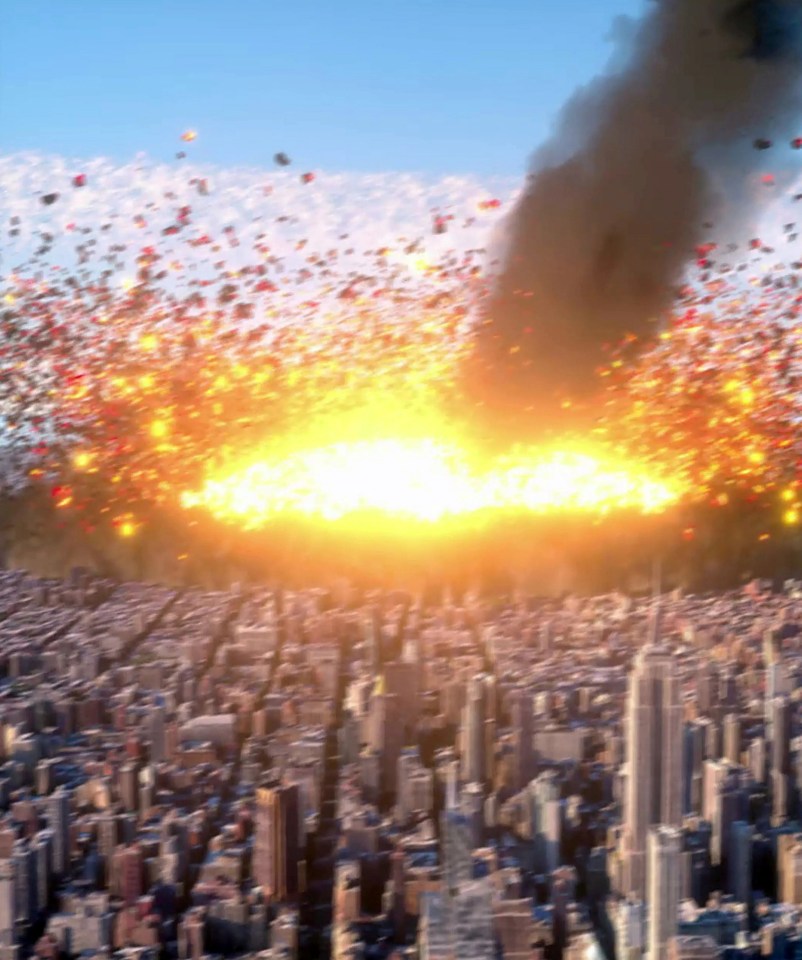 Illustration of an asteroid impacting a city.