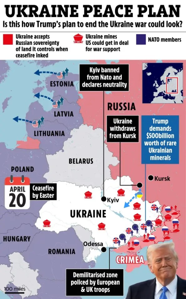 Illustration of a proposed Ukraine peace plan, showing troop movements and territorial concessions.